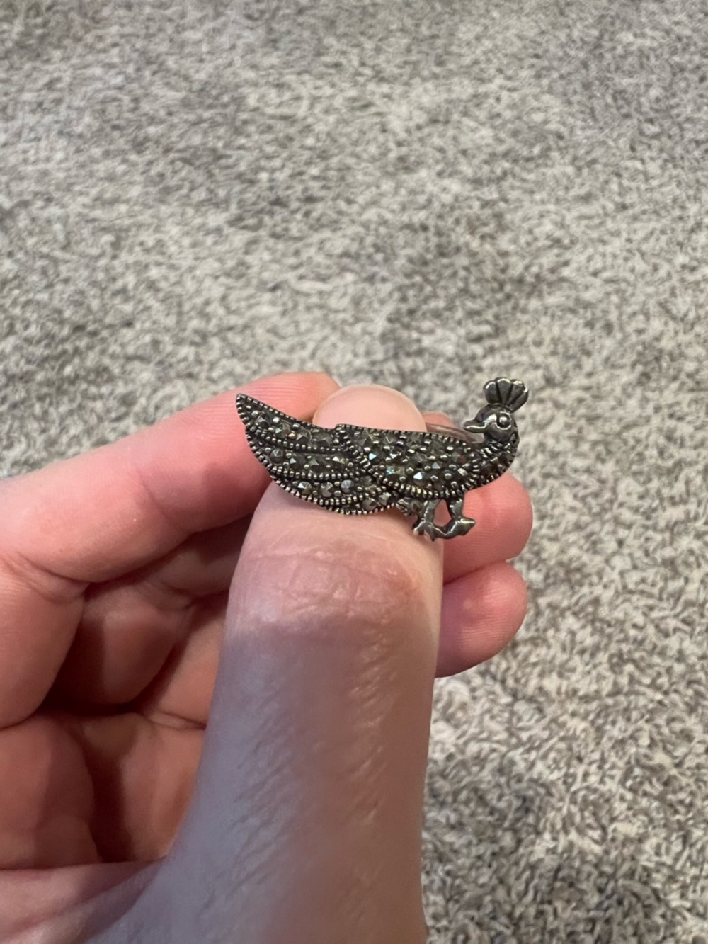 Silver-Tone Marcasite Peacock Statement Ring - Silver